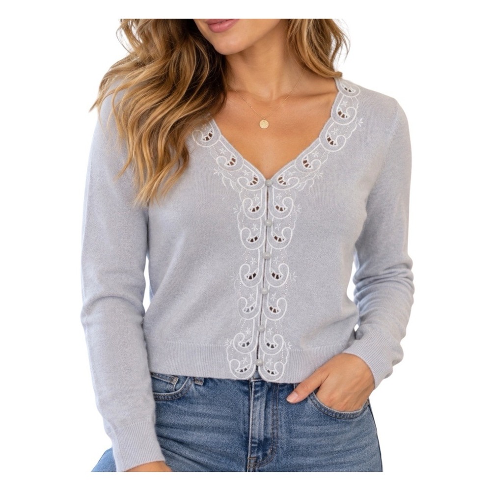 House of Harlow 1960 100% Cashmere Cardigan Faded Sky Embroidered Lace Trim NWT